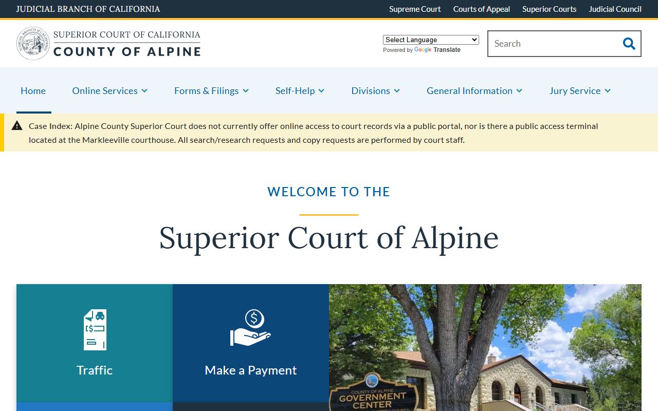 Alpine County Superior Court homepage for court records