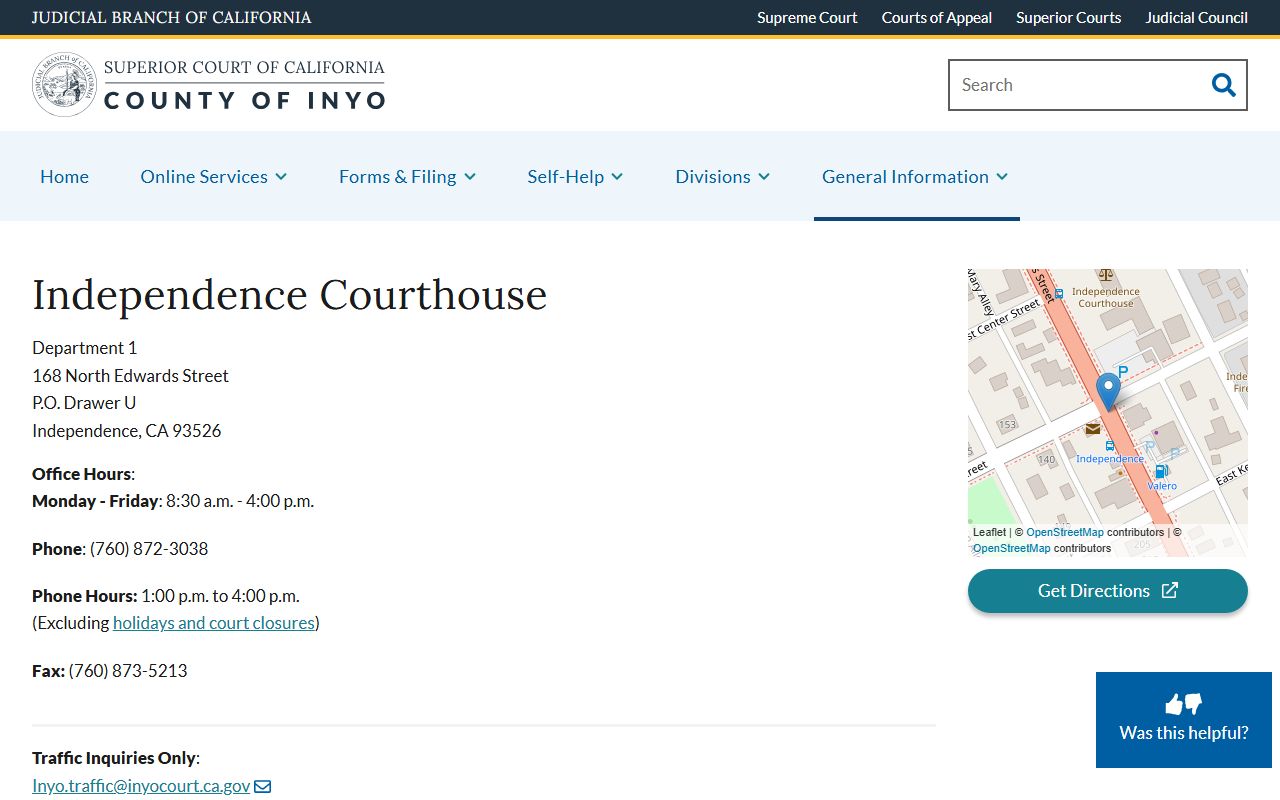 Inyo County Superior Court locations page for court records