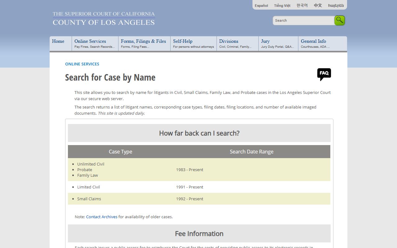 Los Angeles County civil case search portal for court records