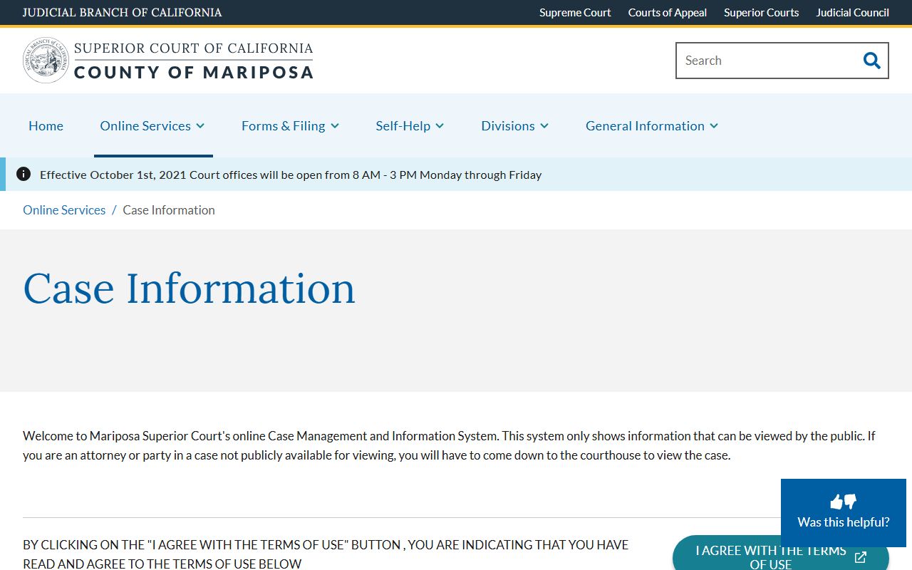Mariposa County court records case information search