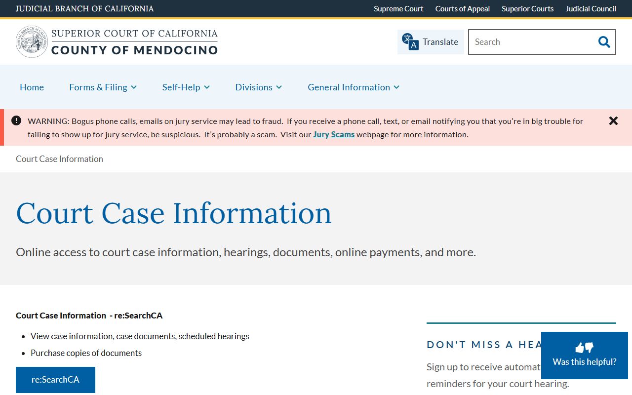 Mendocino County court records re:SearchCA portal