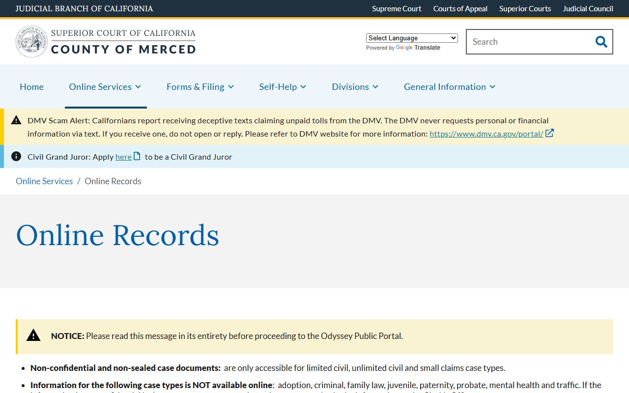 Merced County court records online access page
