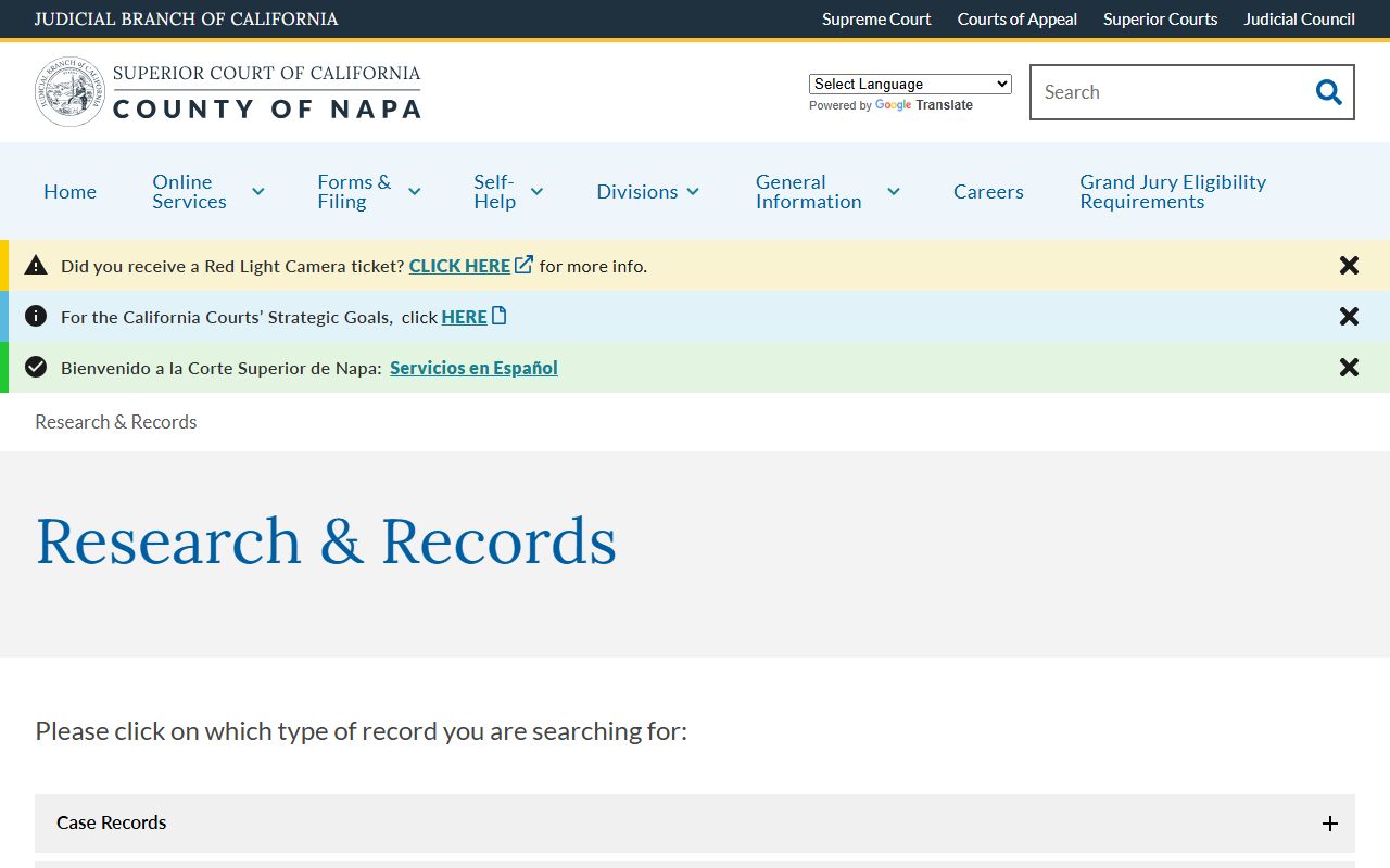 Napa County court records research and access page