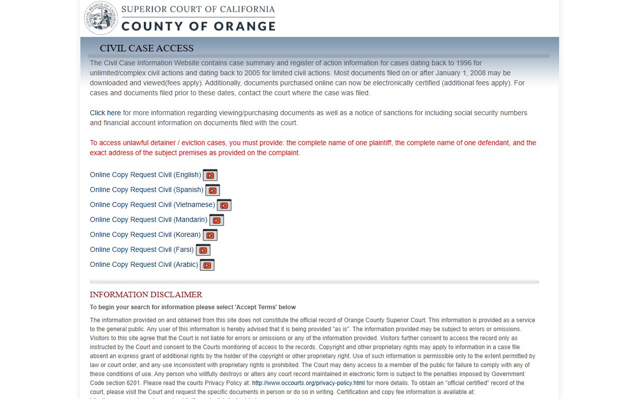 Orange County civil documents database for court records