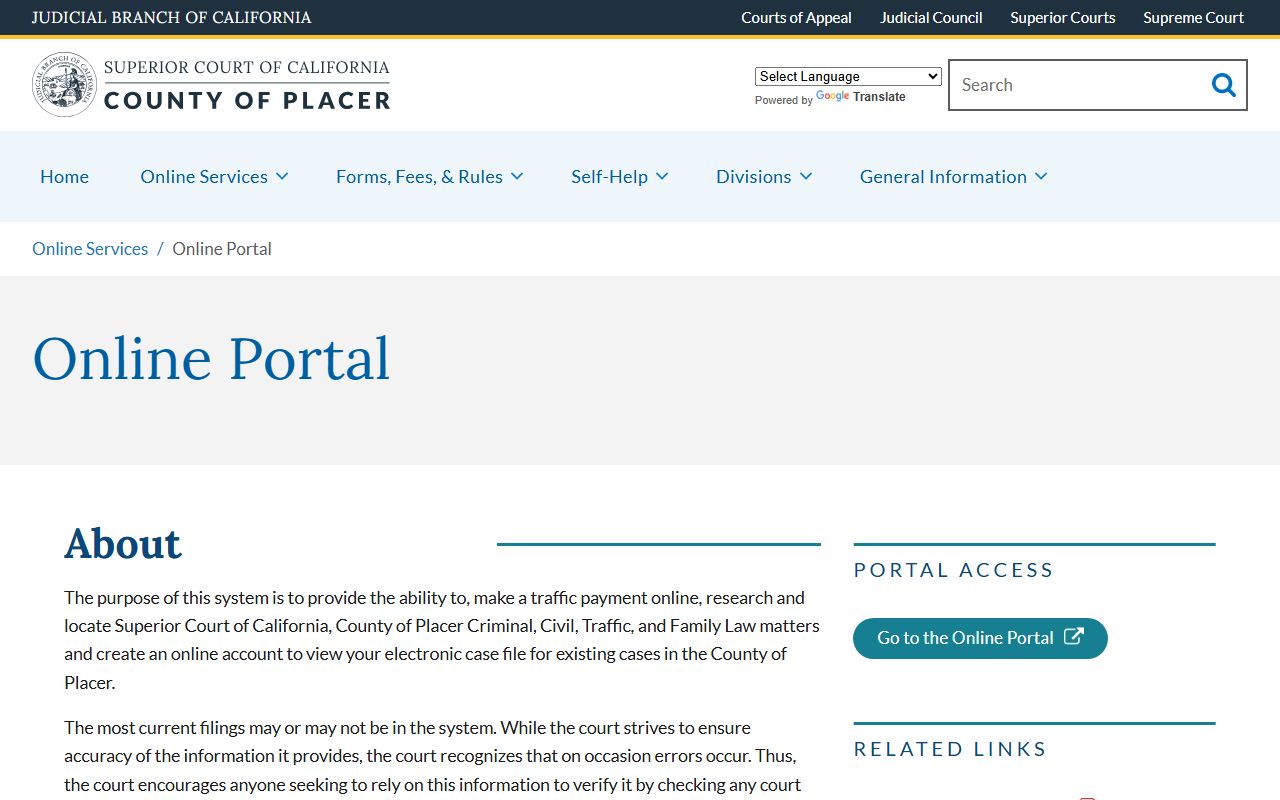 Placer County online portal for court records search