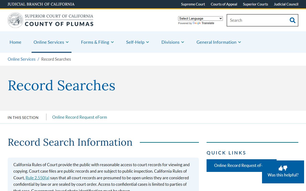 Plumas County record searches page for court records