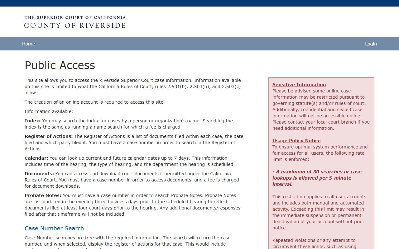 Riverside County public access portal for court records