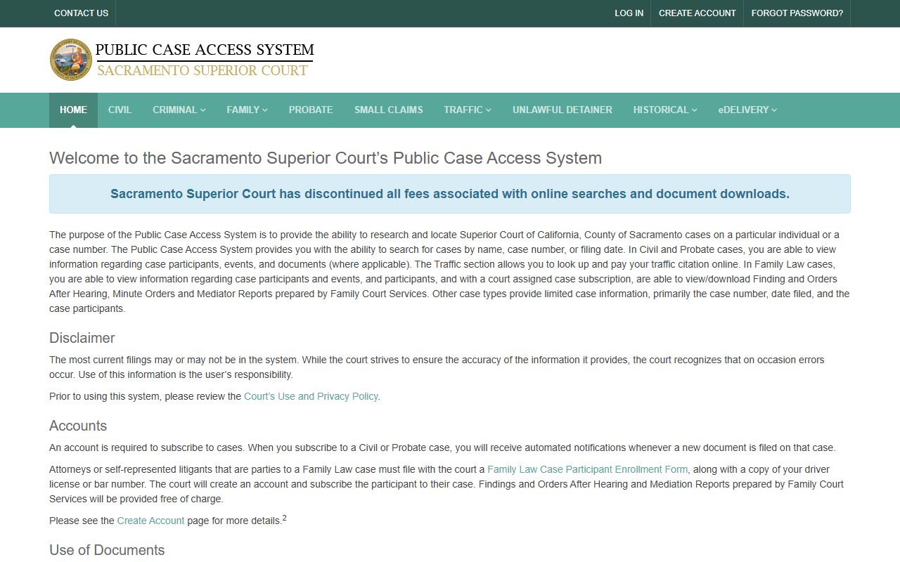 Sacramento County PCAS database for court records search
