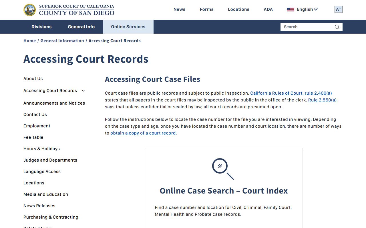 San Diego County court records access page