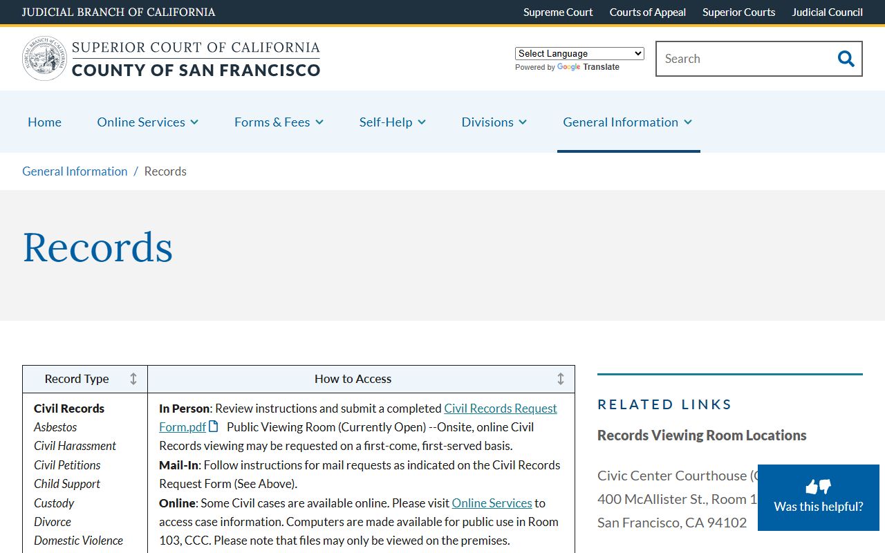 San Francisco County court records information page