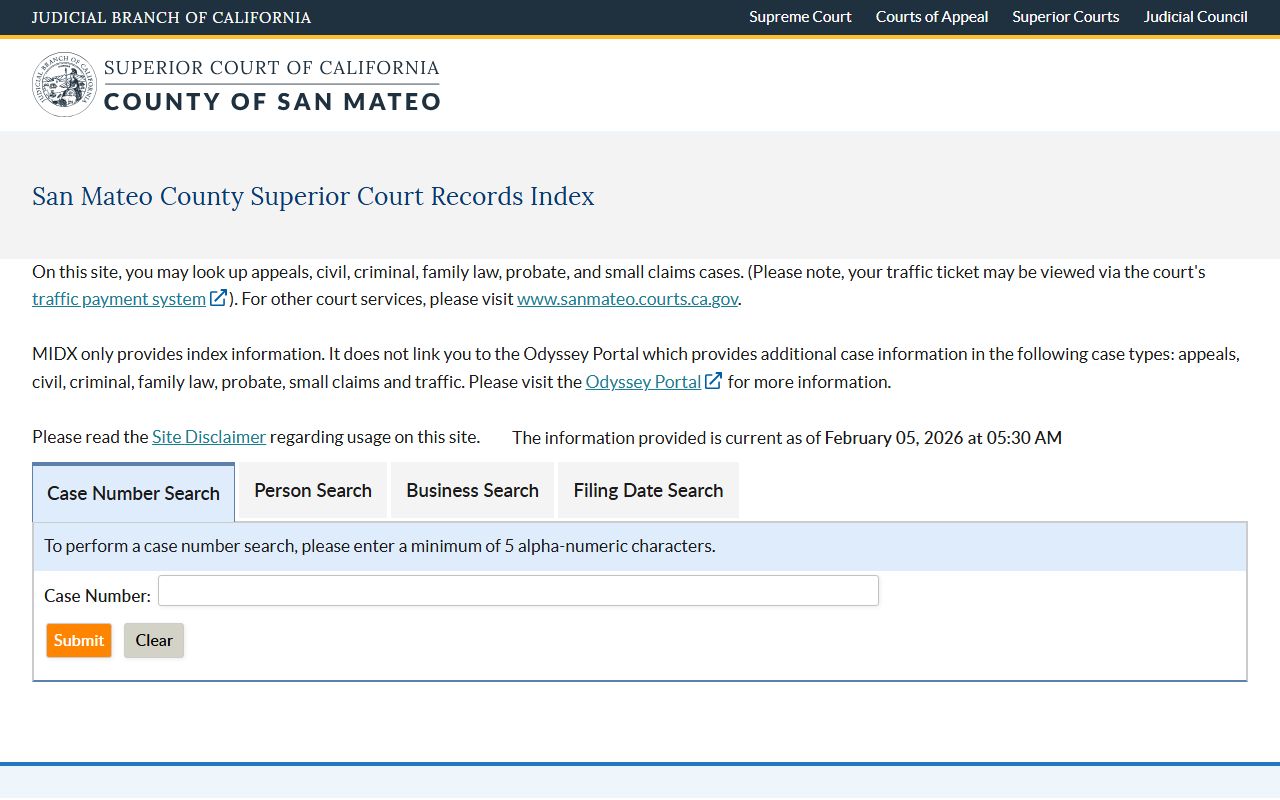 San Mateo County records index for court records search