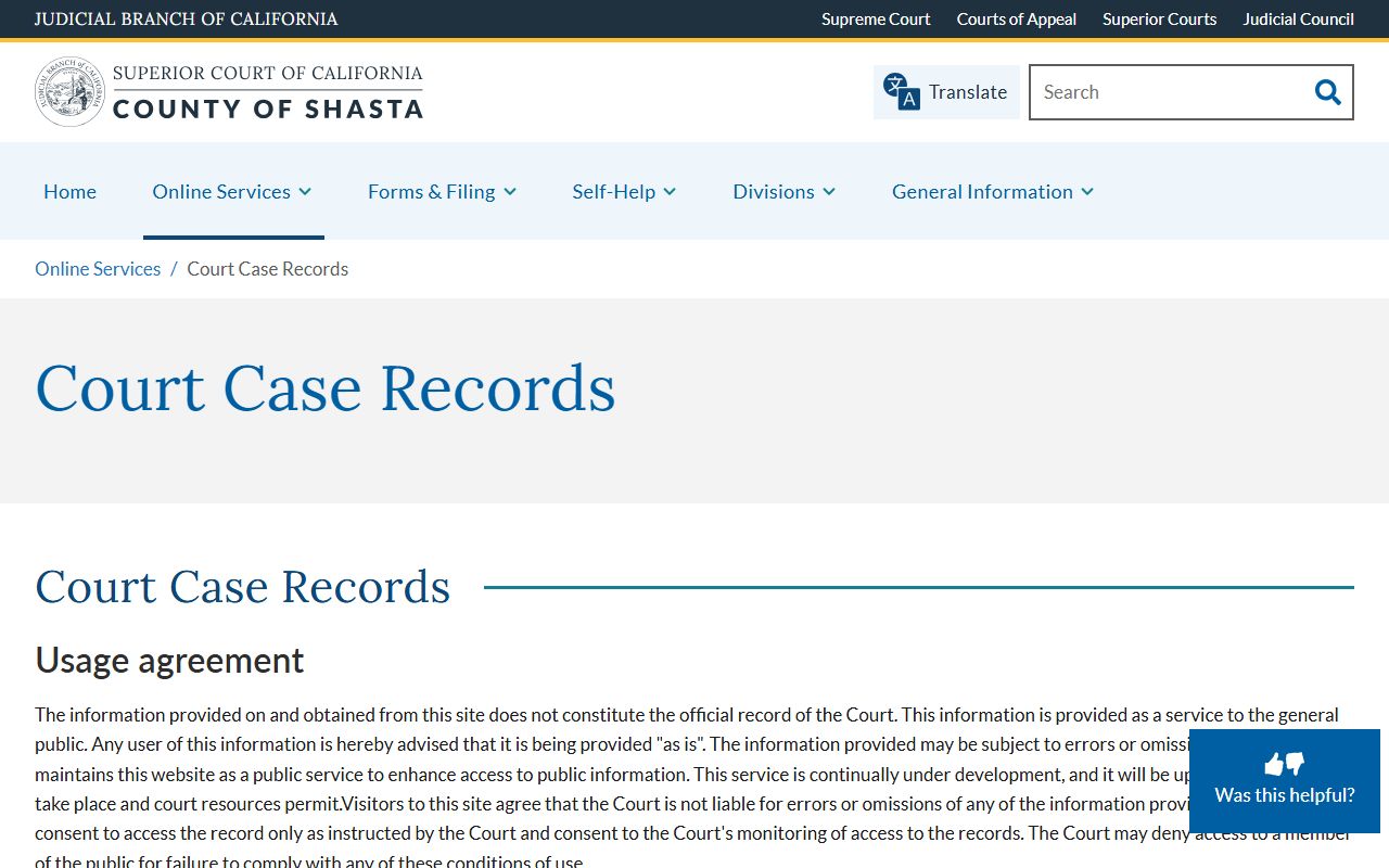 Shasta County court records online services page