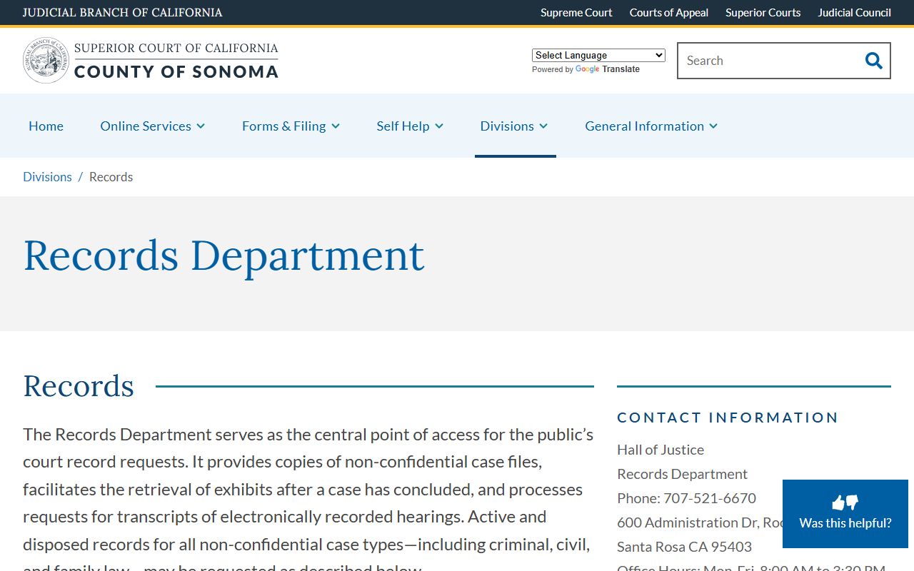 Sonoma County court records division information page