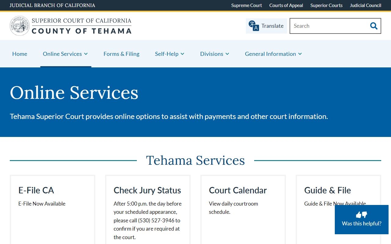 Tehama County court records online services page