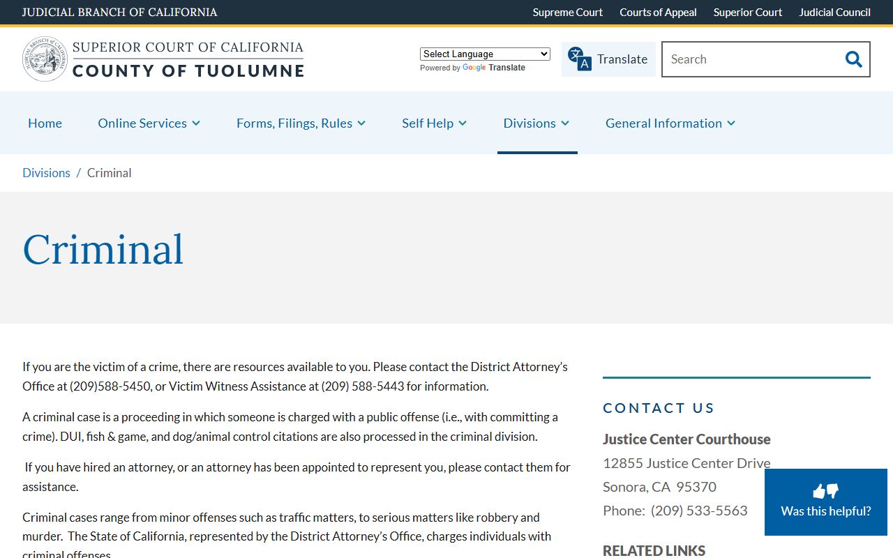 Tuolumne County court records website criminal division page