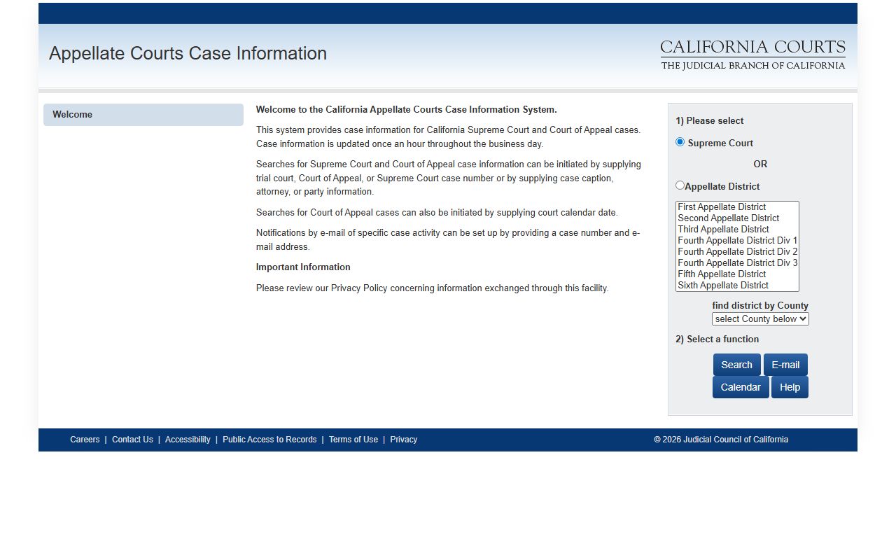 California appellate courts case search system for court records