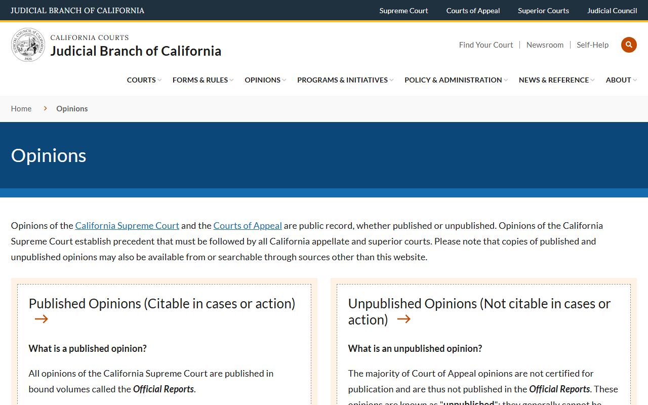 California court opinions database for published decisions and court records