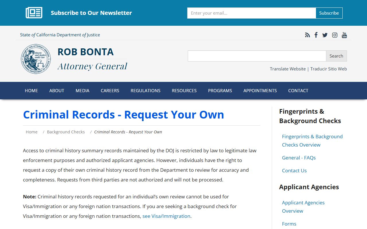 California DOJ criminal records review portal for record requests