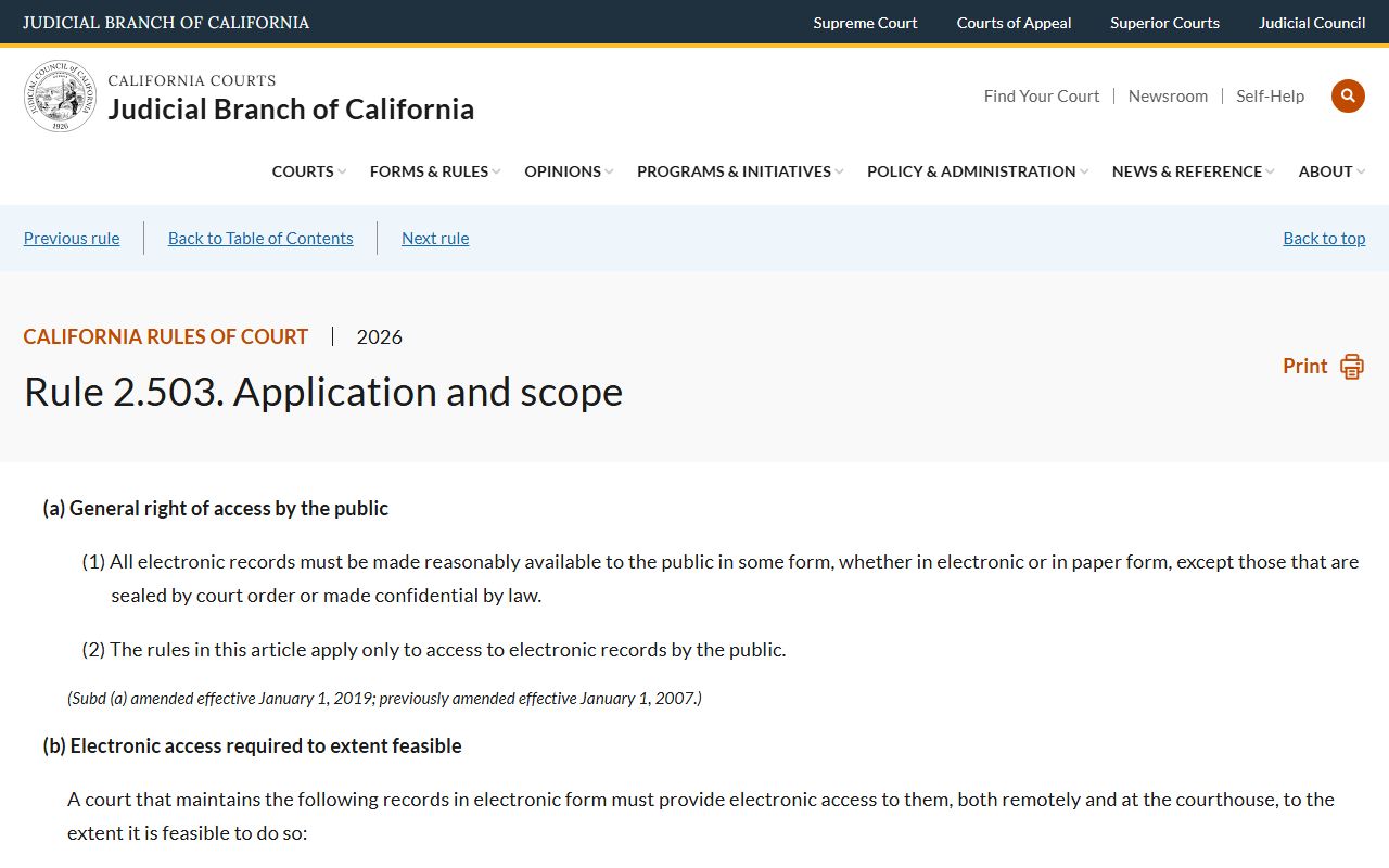 California Rule 2.503 governing electronic access to court records